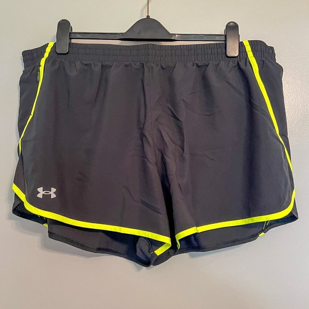 🏷️ NWT Under Armour Women's UA Fly by 3" Shorts Black/High Vis Yellow Size 3XL - Picture 3 of 9